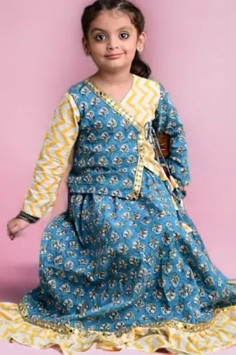 Two piece blue yellow cotton block printed lehenga choli set with frills and tassels for girls