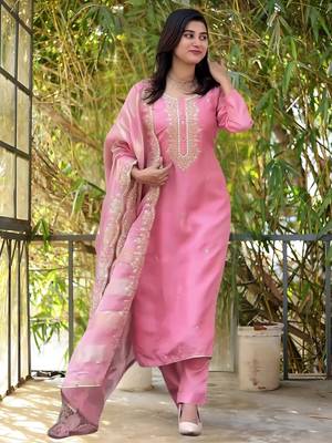 Pink Cotton Blend Embroidery Straight Kurta with Pant And Dupatta Set 1