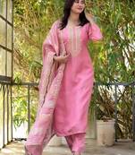 Pink Cotton Blend Embroidery Straight Kurta with Pant And Dupatta Set