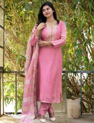 Pink Cotton Blend Embroidery Straight Kurta with Pant And Dupatta Set 3