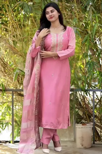 Pink Cotton Blend Embroidery Straight Kurta with Pant And Dupatta Set
