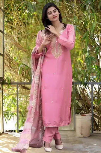 Pink Cotton Blend Embroidery Straight Kurta with Pant And Dupatta Set
