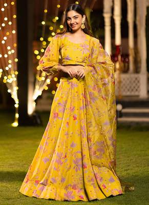 Yellow Digital Print Silk Lehenga 1