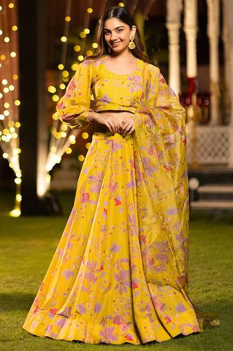 Yellow Digital Print Silk Lehenga
