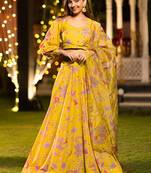 Yellow Digital Print Silk Lehenga
