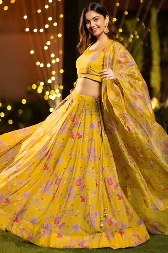 Yellow Digital Print Silk Lehenga