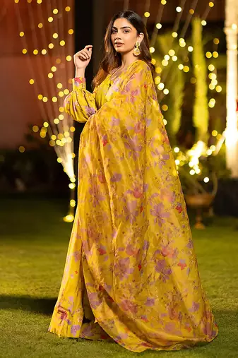 Yellow Digital Print Silk Lehenga
