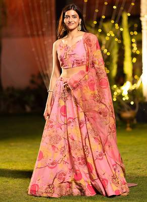 Peach Digital Print Silk Lehenga 1