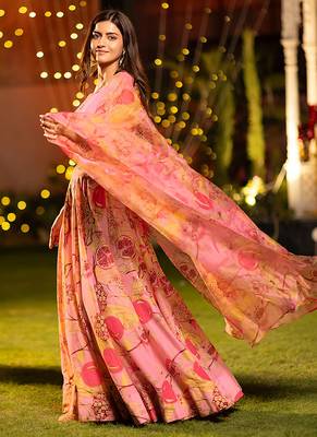 Peach Digital Print Silk Lehenga 2