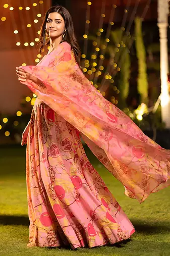 Peach Digital Print Silk Lehenga