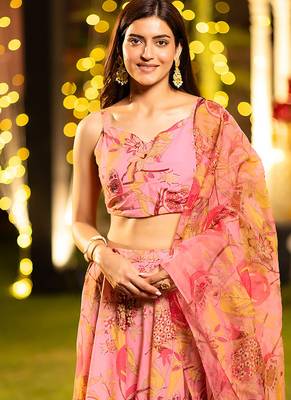Peach Digital Print Silk Lehenga 3