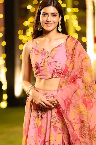 Peach Digital Print Silk Lehenga