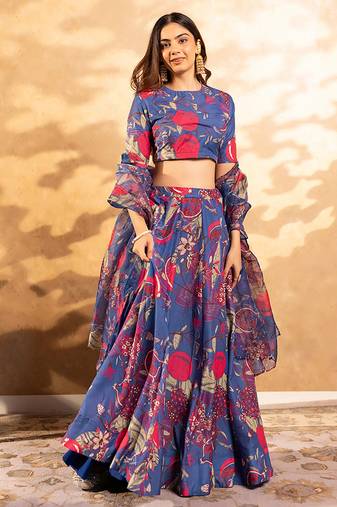 Blue Digital Print Silk Lehenga