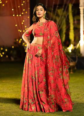 Red Digital Print Silk Lehenga 1