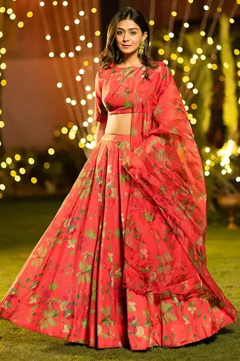 Red Digital Print Silk Lehenga