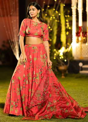 Red Digital Print Silk Lehenga 3