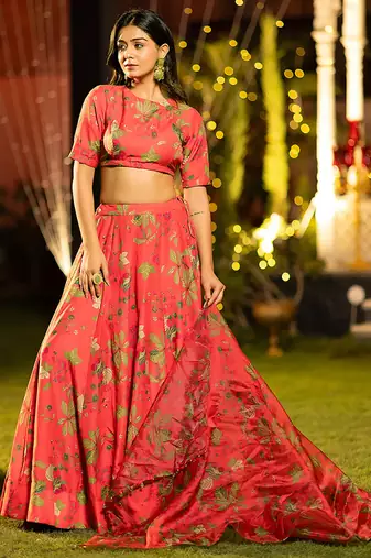Red Digital Print Silk Lehenga