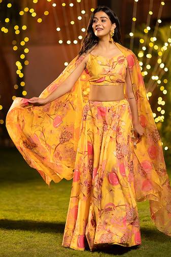 Yellow Digital Print Silk Lehenga