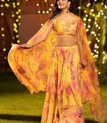 Yellow Digital Print Silk Lehenga