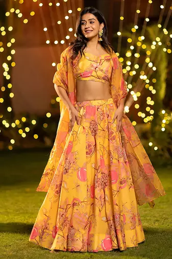 Yellow Digital Print Silk Lehenga