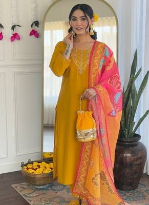  yellow embroidered stitched chanderi silk pant style kurti suit with duppatta 1