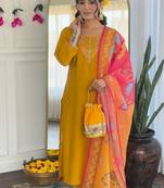  yellow embroidered stitched chanderi silk pant style kurti suit with duppatta