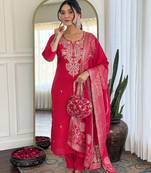  pink embroidered stitched roman silk pant style kurti suit with duppatta