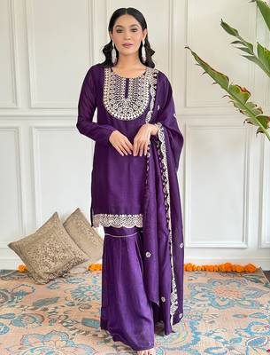  wine embroidered stitched vichitra silk palazzo style kurti suit with duppatta 1