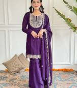  wine embroidered stitched vichitra silk palazzo style kurti suit with duppatta