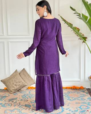  wine embroidered stitched vichitra silk palazzo style kurti suit with duppatta 3