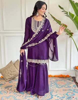  wine embroidered stitched vichitra silk palazzo style kurti suit with duppatta 4