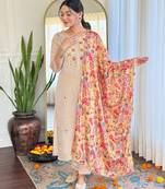  beige embroidered stitched rayon pant style kurti suit with duppatta