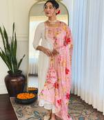  white embroidered stitched rayon pant style kurti suit with duppatta