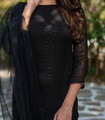  black embroidered stitched faux georgette pant style kurti suit with duppatta