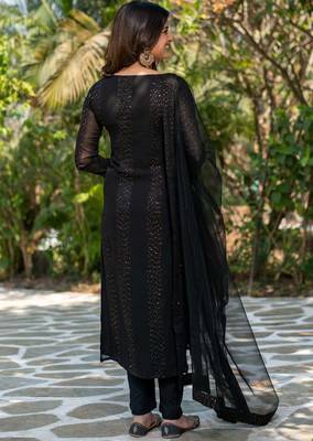  black embroidered stitched faux georgette pant style kurti suit with duppatta 2