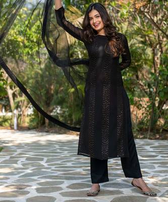  black embroidered stitched faux georgette pant style kurti suit with duppatta 3