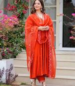  red embroidered stitched chanderi pant style kurti suit with duppatta