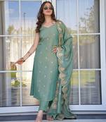  sky embroidered stitched chanderi pant style kurti suit with duppatta