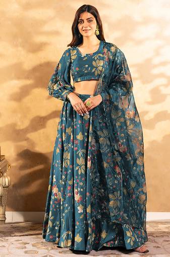 Teal Blue Digital Print Silk Lehenga