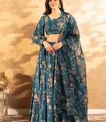 Teal Blue Digital Print Silk Lehenga