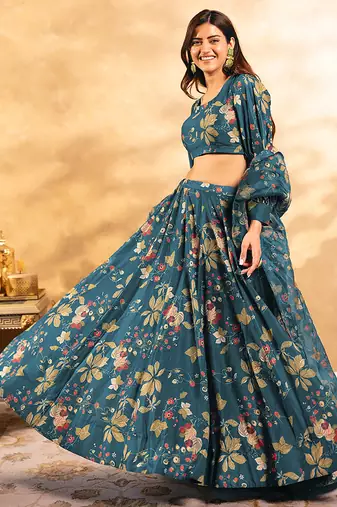 Teal Blue Digital Print Silk Lehenga