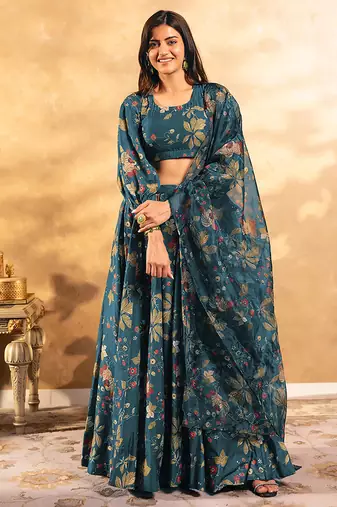 Teal Blue Digital Print Silk Lehenga