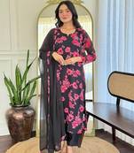  black embroidered stitched georgette pant style kurti suit with duppatta