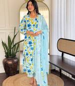  sky embroidered stitched georgette pant style kurti suit with duppatta