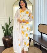  white embroidered stitched georgette pant style kurti suit with duppatta