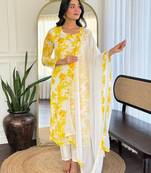  yellow embroidered stitched georgette pant style kurti suit with duppatta