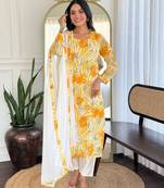  yellow embroidered stitched georgette pant style kurti suit with duppatta