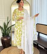  green embroidered stitched georgette pant style kurti suit with duppatta