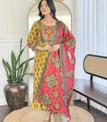 Yellow Rayon Printed Flared Kurta with Pant And Dupatta Set
