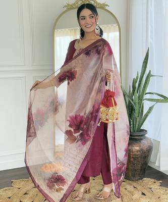Maroon Rayon Embroidery Straight Kurta with Pant And Dupatta Set 3